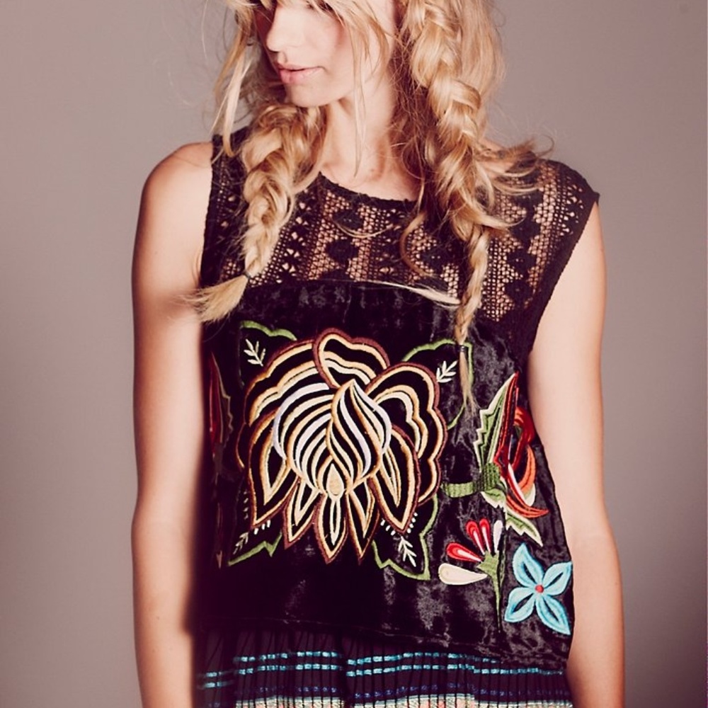 FREE PEOPLE Black Embroidered Velvet Top